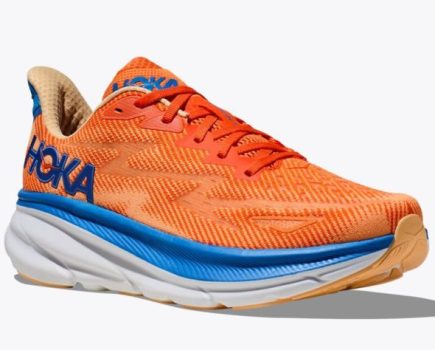 Product shot of a Hoka Clifton 9 running shoe