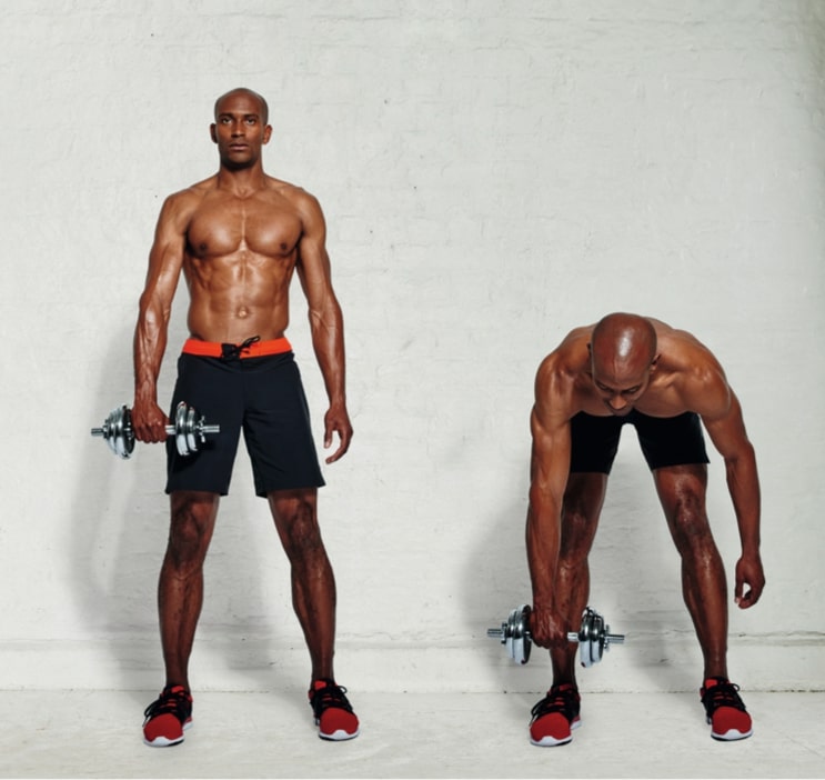 The two positions in the Romanian deadlift, the final exercise in the dumbbell workout: standing with the weight in front at hip height; standing and bent forward with the weight outstretched towards the floor