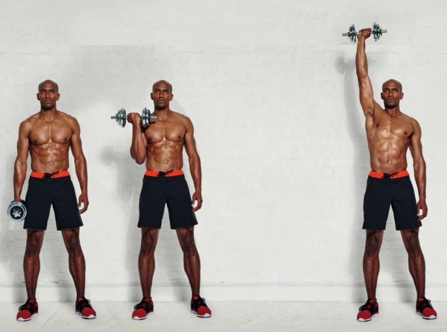 The three positions in the curl and press exercise in the dumbbell workout: standing with the weight to the side at hip height; standing with the weight at shoulder height; standing with the weight pushed full length above head height