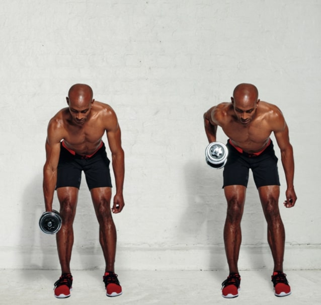 The two positions in the bent-over row exercise in the dumbbell workout: bent over at the hips with the weight extended towards the floor; bent over at the hips with the weight pulled up towards the armpit