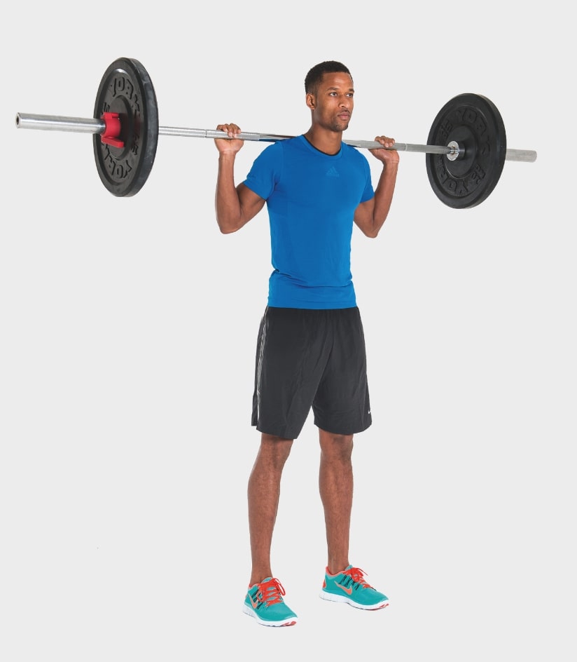 man performing barbell behind the neck overhead press