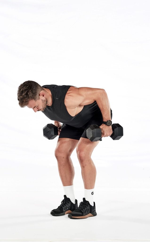 Two stages of the dumbbell bent-over row – holding dumbbells with bent knees, leaning forward from the hips, with weights hanging at knee level; then still leaning forward with weights pulled up towards lower sternum