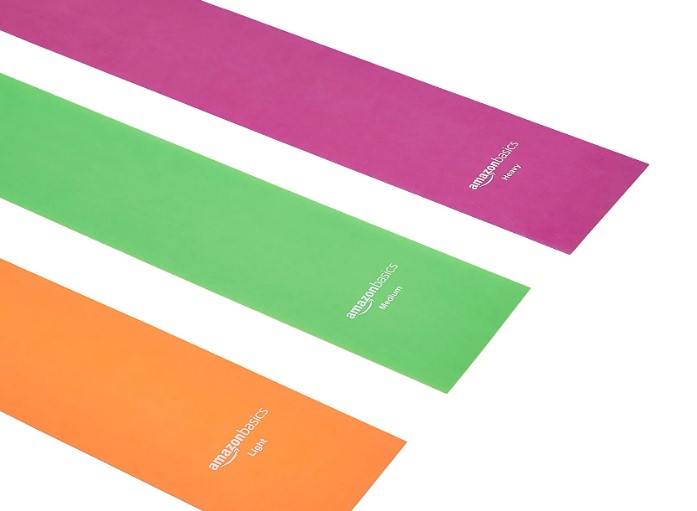 Amazon Basics TPE Resistance Band Set; orange, green and pink resistance bands