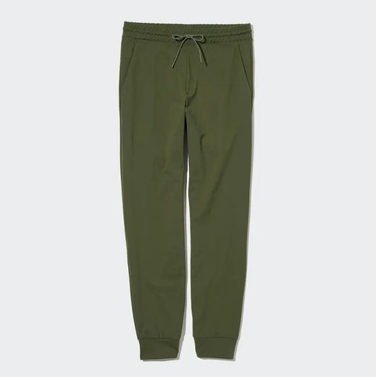 A pair of olive green Uniqlo Ultra Stretch Active joggers