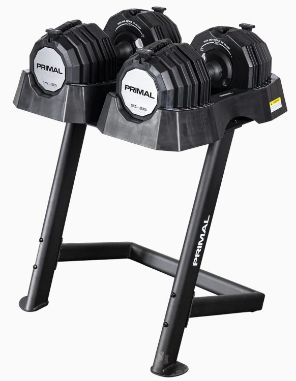 Primal Strength 25kg adjustable dumbbells on stand