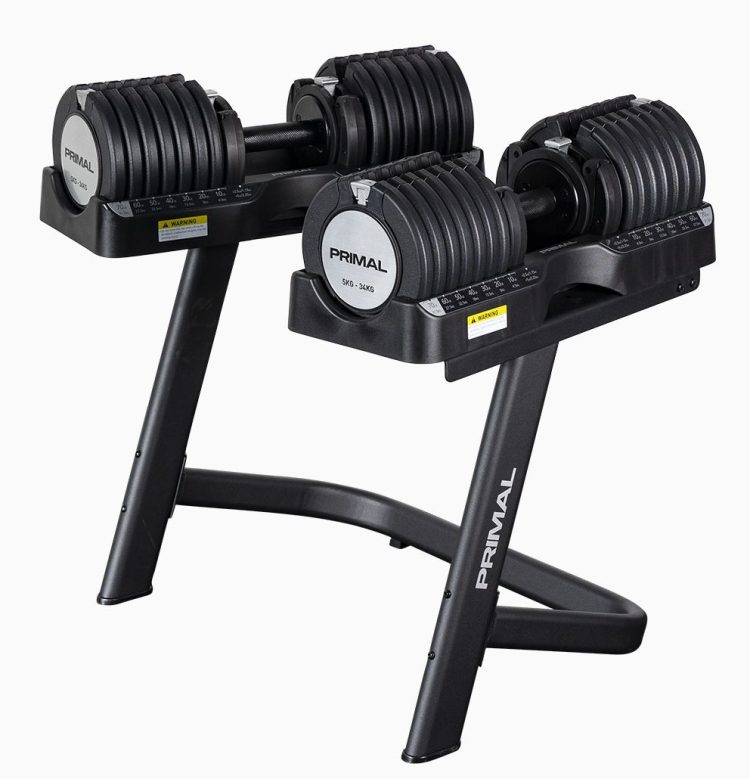 Primal Strength adjustable dumbbells on optional stand