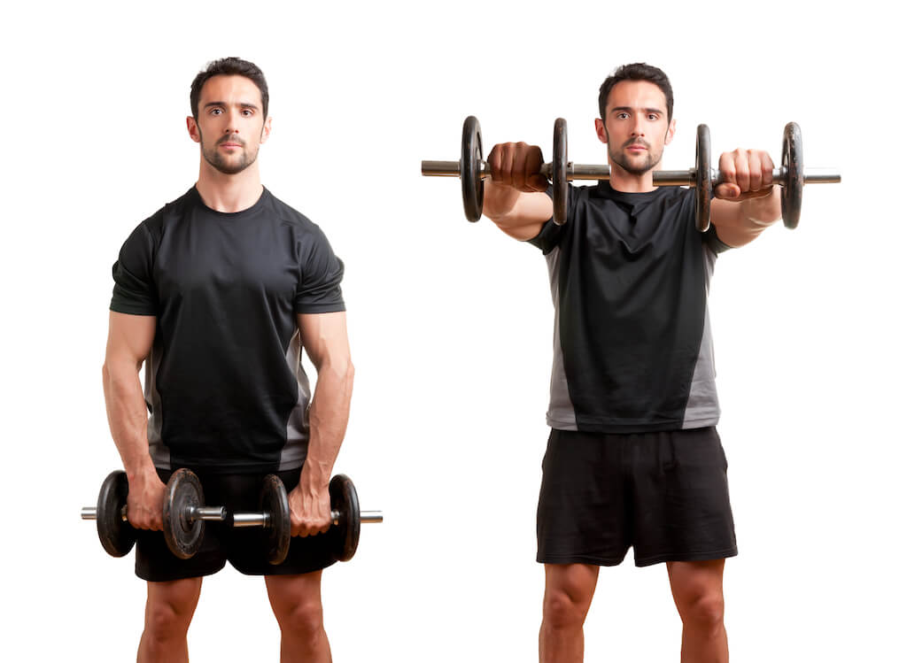 men performing dumbbell front raise as part of home dumbbell shoulder workout