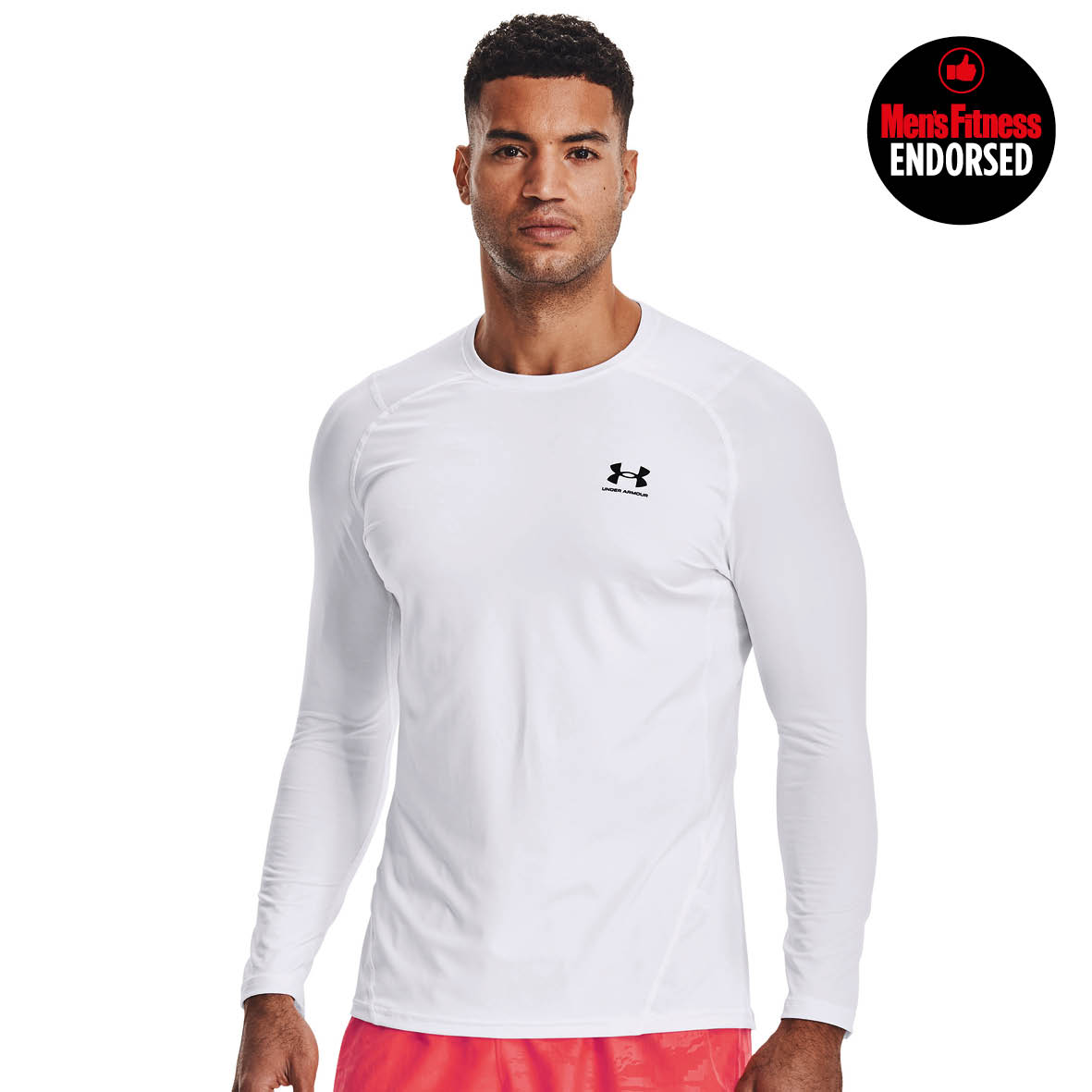 man wearing white under armour compression top