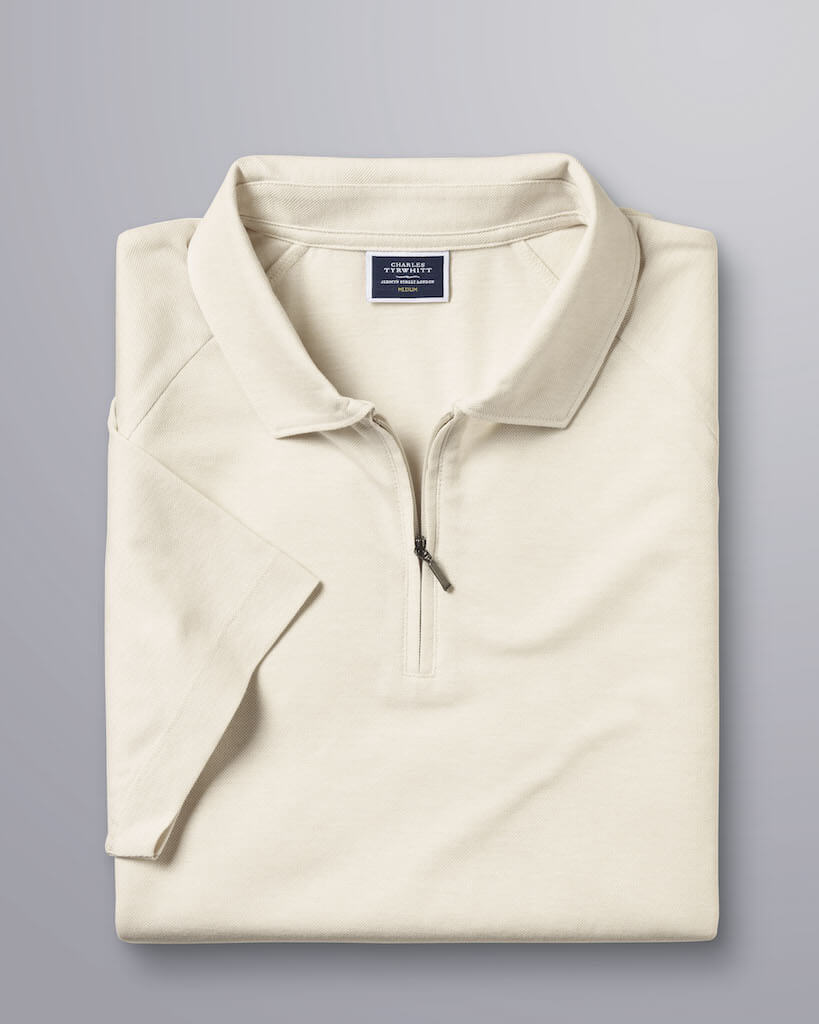 Charles Tyrwhitt Chalk Cotton TENCEL™ Mix Zip-Neck Polo