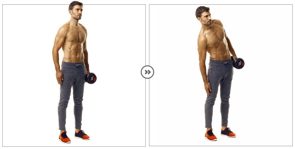 man performing dumbbell side bend abs exercise