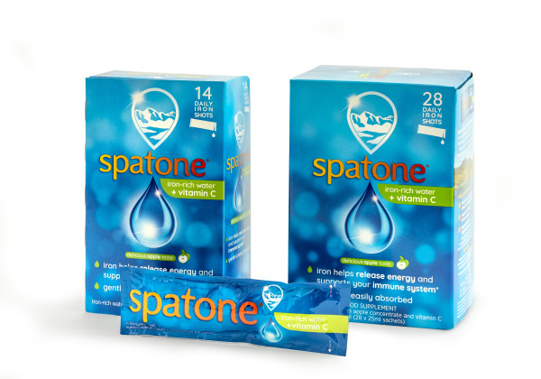 blue box of spatone sachets, with vitamin c and apple flavourings