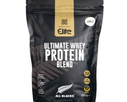 Product shot of Elite All Blacks protein powder blend