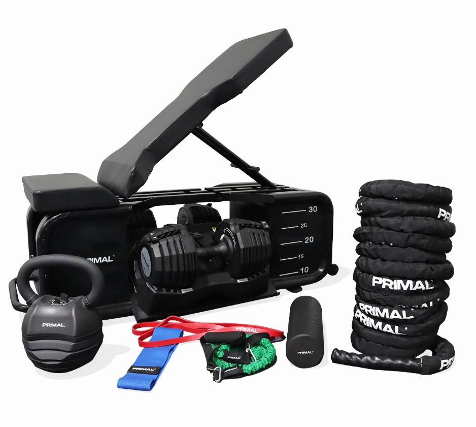 Product shot of a Primal HIIT workout bench and weight accessories