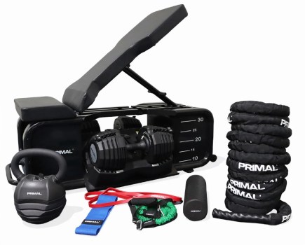 Product shot of a Primal HIIT workout bench and weight accessories