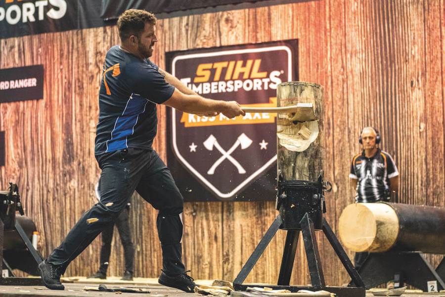 British Timbersports athlete Graham Turner competes in the 2021 STIHL Timbersports Championship