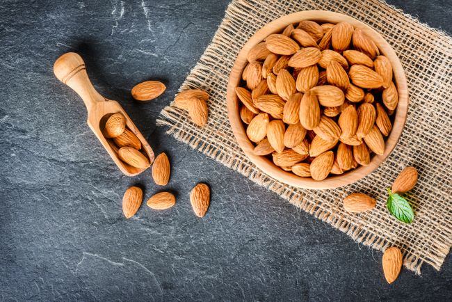 Overhead view of almonds in a bowl