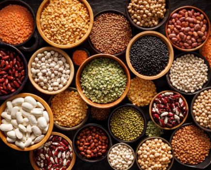 Overhead shot of bowls of legumes