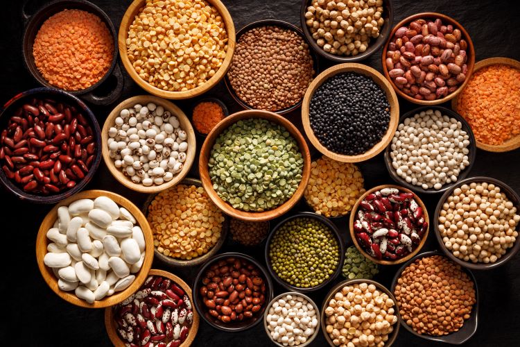 Overhead shot of bowls of legumes