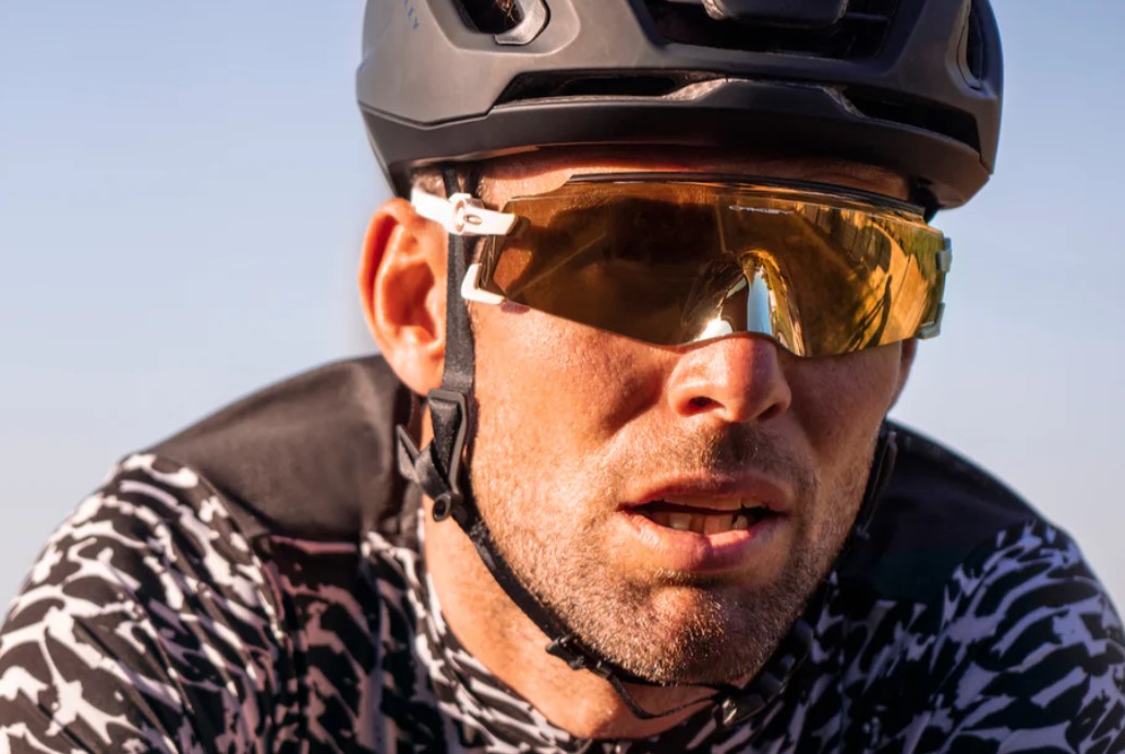 Cyclist Mark Cavendish wearing a pair of his signature Oakley Kato glasses