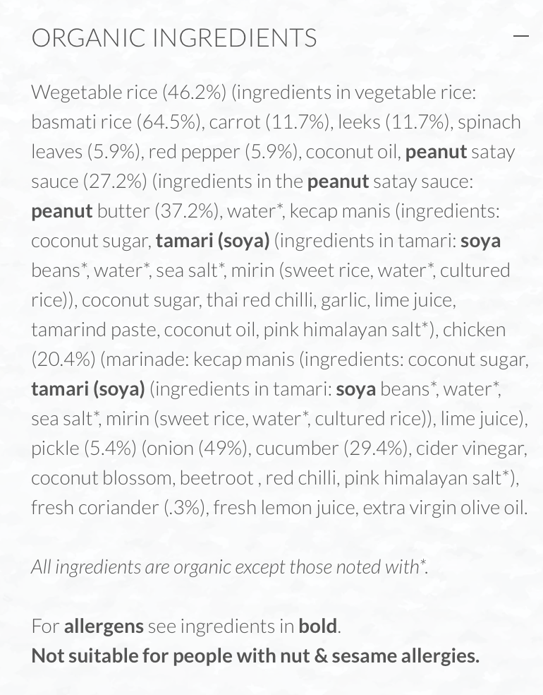 Apres Food chicken satay ingredients