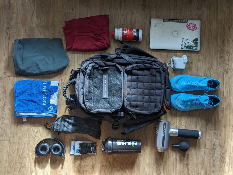 Overhead view of gym kit and Built For Athletes gym bag