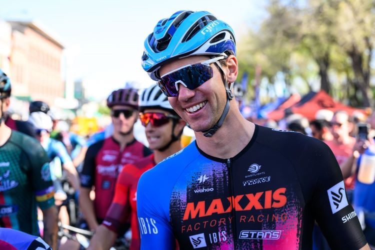 Close-up of a professional mountain biker before a race