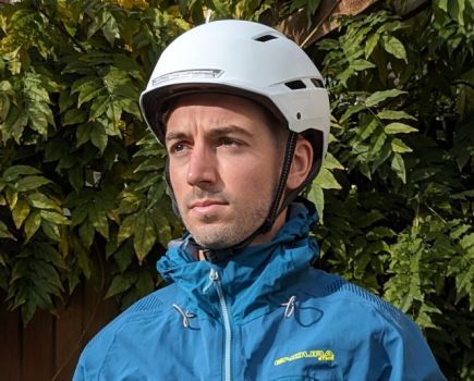 Model wearing Giro cycling helmet