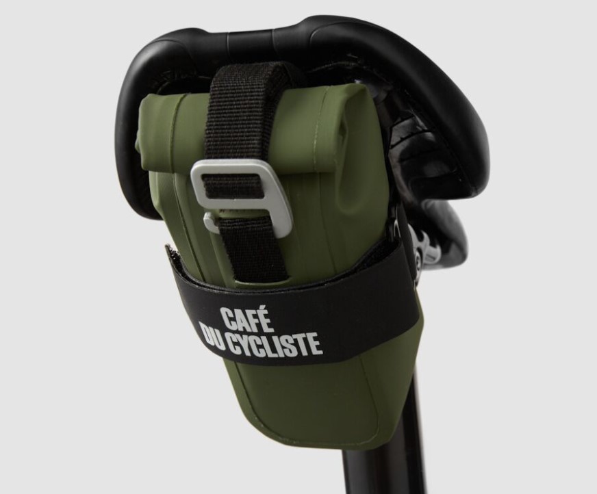 Close-up of a saddle tool bag under a bike saddle