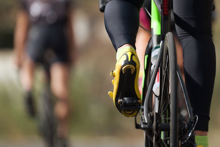 Close-up of cycling shoes and pedals