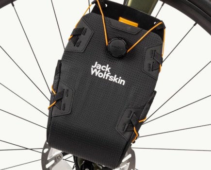 Close-up of a fork bag attached to a bike fork.