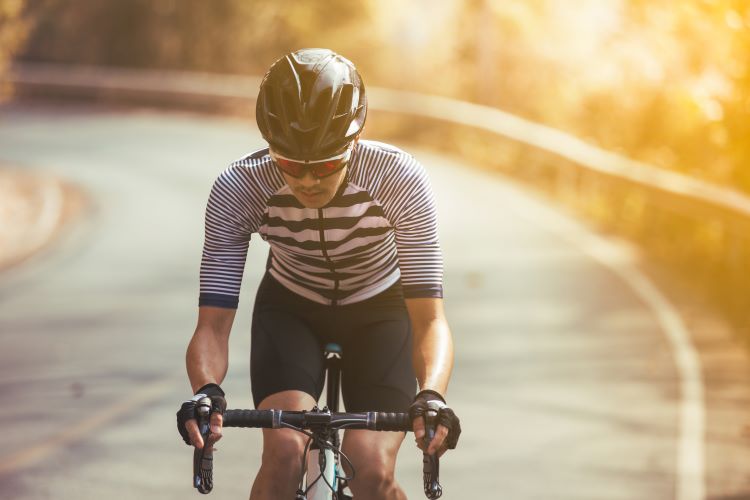 Close-up of a road cyclist wearing lycra