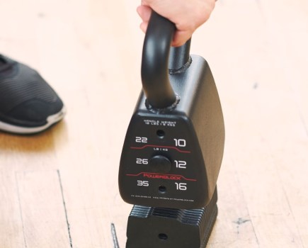 Product shot of a PowerBlock adjustable kettlebell