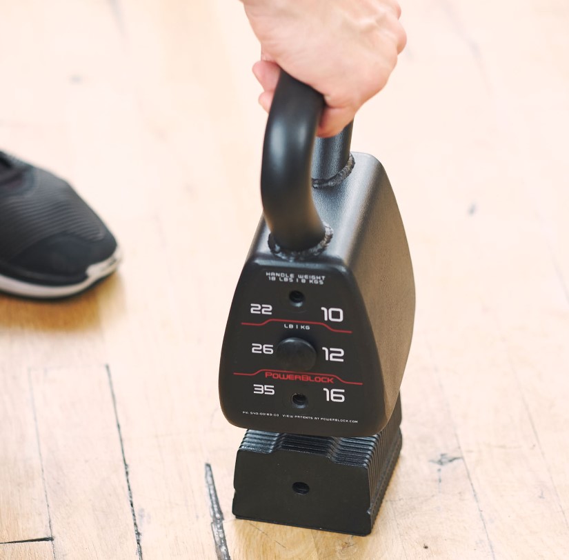 Product shot of a PowerBlock adjustable kettlebell