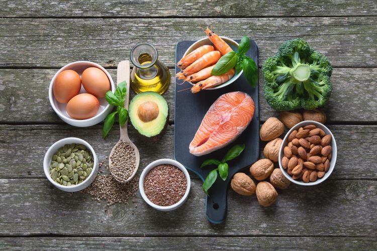 Healthy food on wooden table