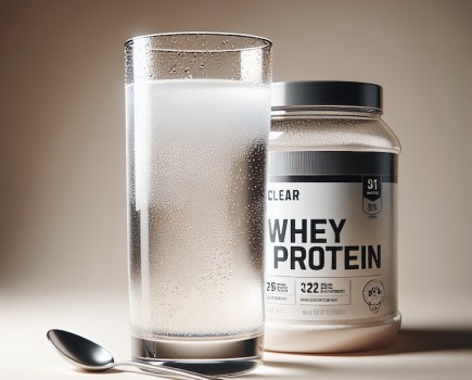 A tub of clear protein powder and a glass with powder dissolving in it