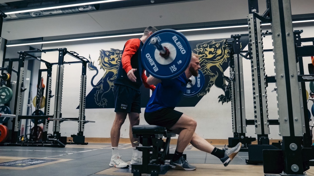 Squash player Joel Makin performs single-leg squats