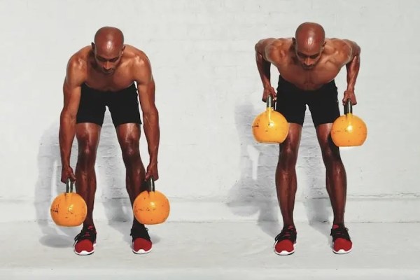 Side-by-side images of a man exercising with two dumbbells