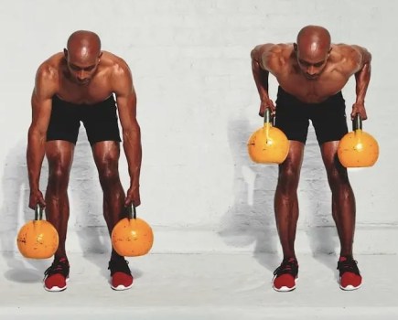 Side-by-side images of a man exercising with two dumbbells