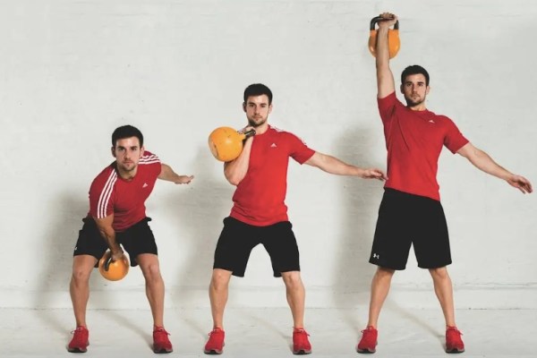 Three images of a man working out with akettlebell