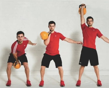 Three images of a man working out with akettlebell