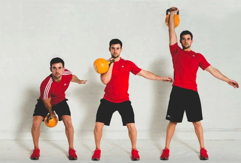 Three images of a man working out with akettlebell