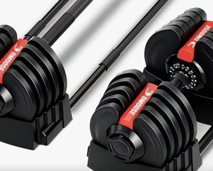 Product shot of an adjustable dumbbell/barbell