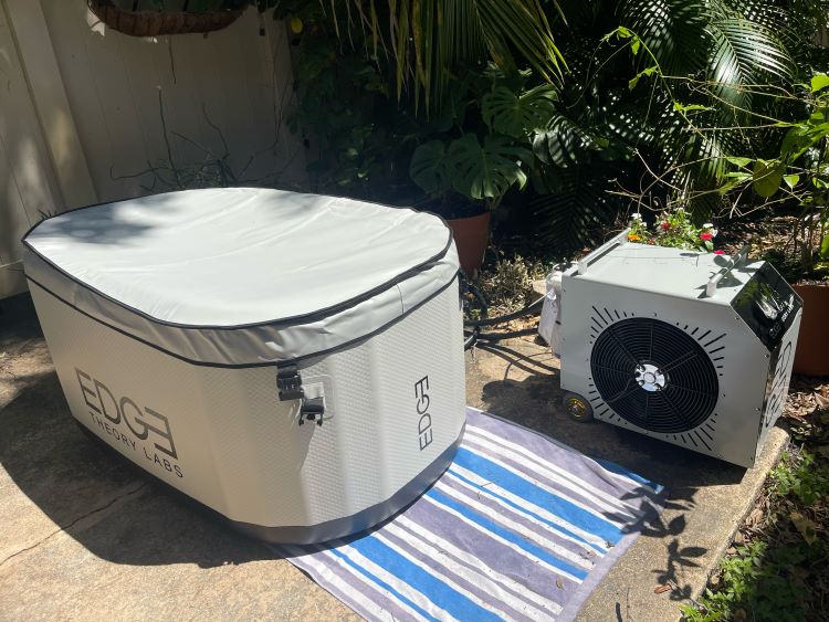 A covered ice bath in a garden