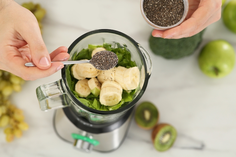 Overhead view of fruit in a blender