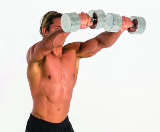 Close-up of a man performing a dumbbell front raise