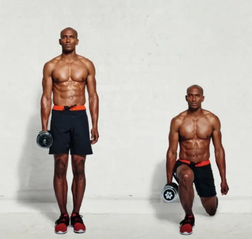 Man performing a single dumbbell reverse lunge