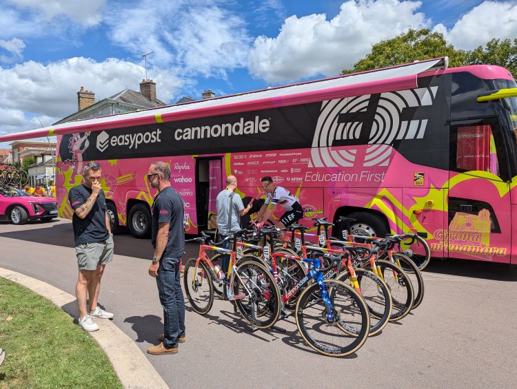 Outside a team bus at the Tour de France