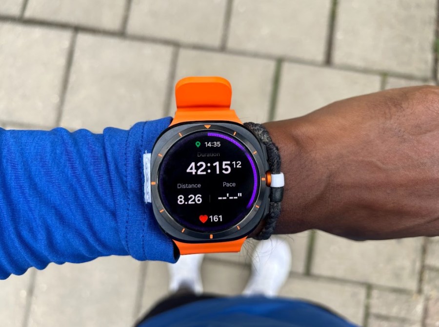 Close-up of a Samsung smartwatch on a wrist