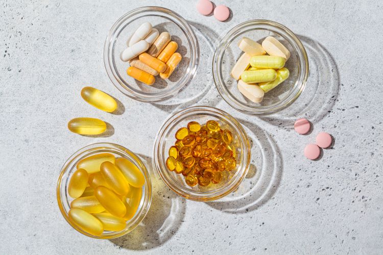 Overhead view of supplements in bowls