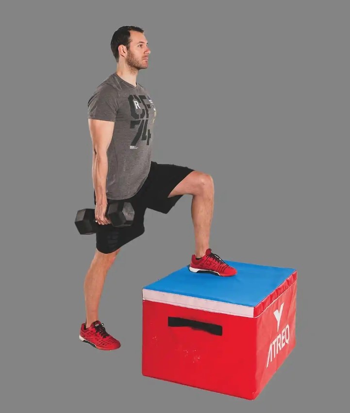 Man performing an alternating step-up with dumbbells